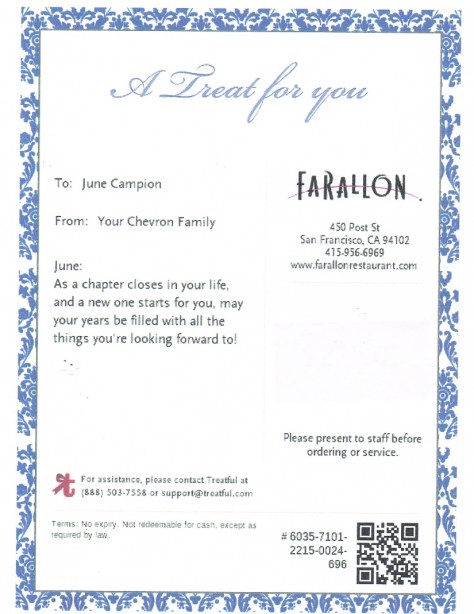 Gift certificate to the Farallon Resturant