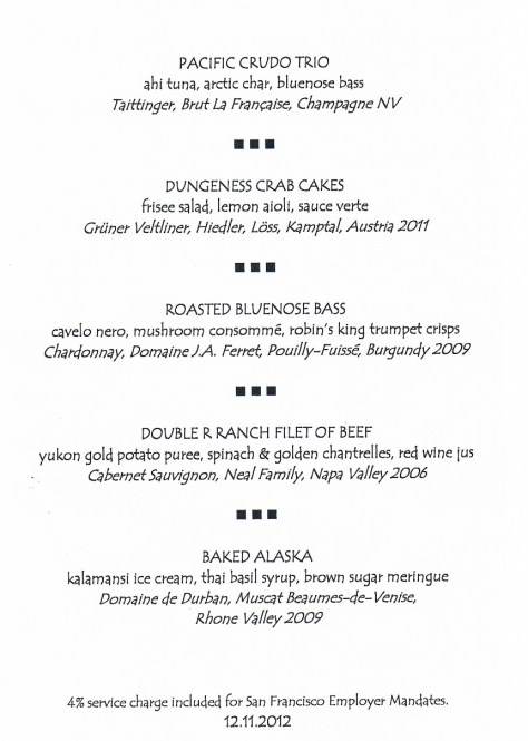 Dinner menu and wine pairing